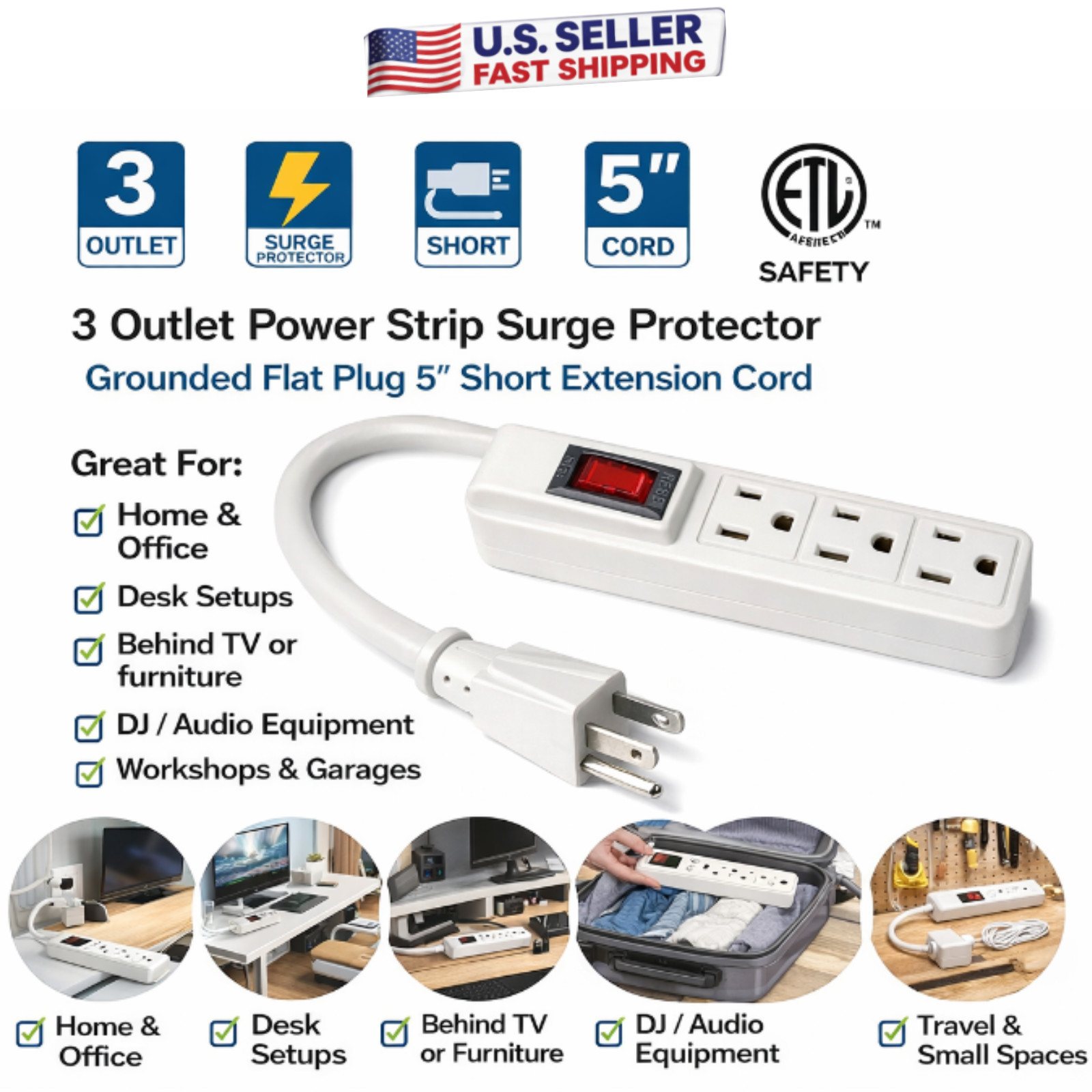 2-Pack 3 Outlet Power Strip Surge Protector Flat Plug 5” Short Extension Cord