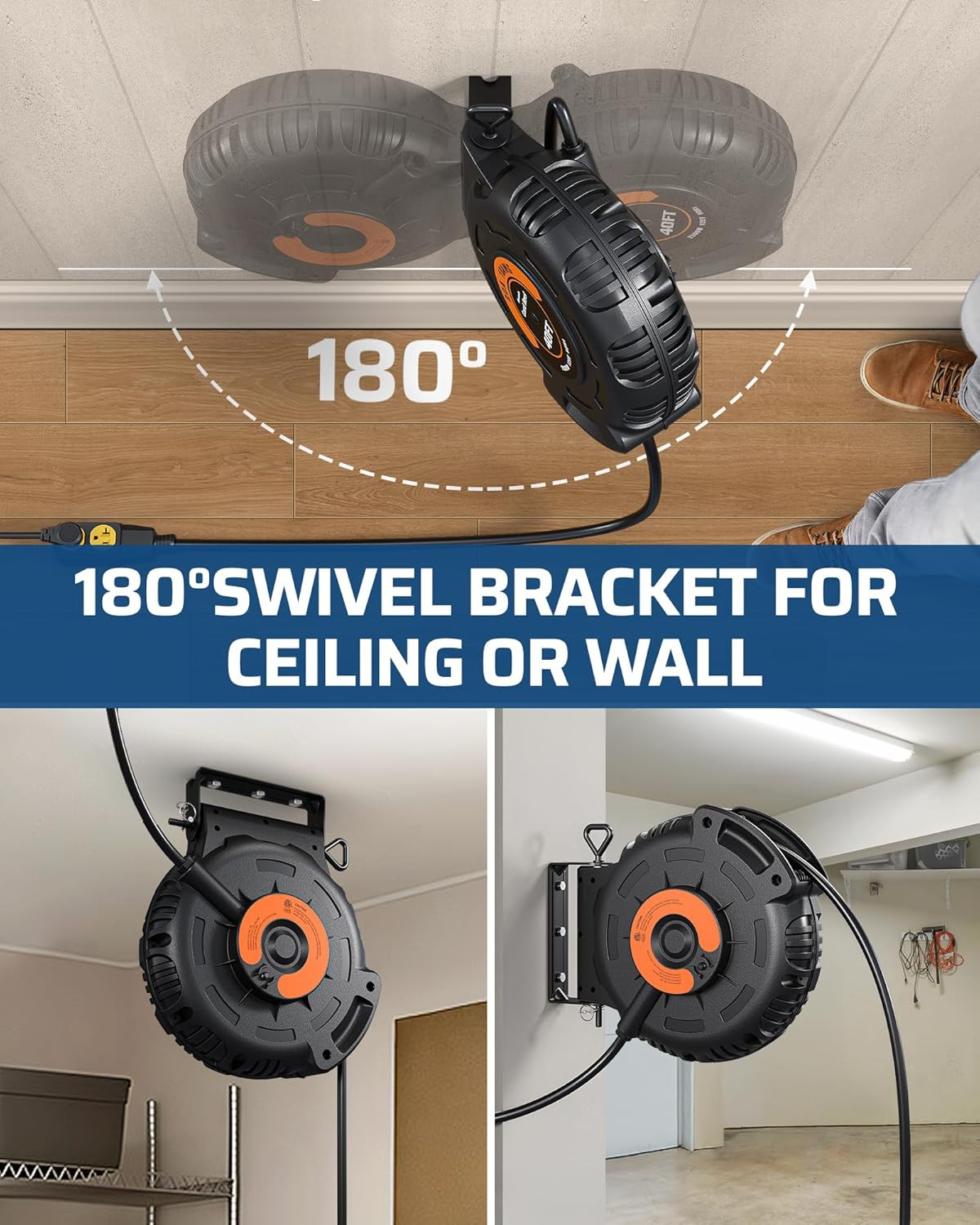 Retractable Extension Cord Reel, 40FT 10AWG/3C SJTW Heavy Duty Power Cord, 4 Gro