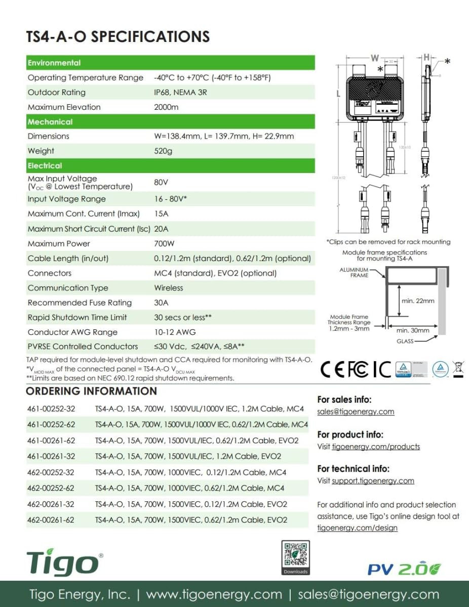 Module Add-On Rapid Shutdown, Optimization, 1500V UL/1000TUV, 1.2M Cable, MC4 Ge