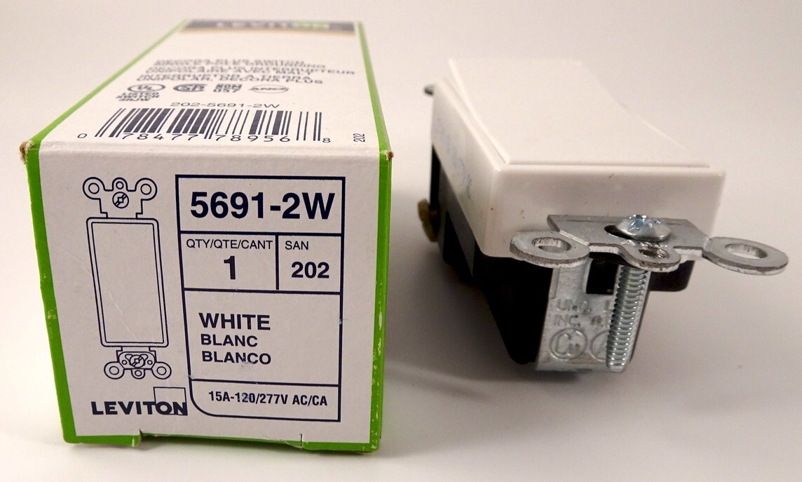 Leviton 5691-2W Decora Switch, 15A, 120/277V, 1-Pole, White, Back/Side Wired New