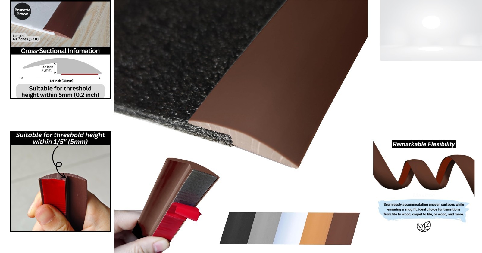 Floor Transition Strip 40 Inch Brown PVC Self Adhesive for Doorway Threshold Gap