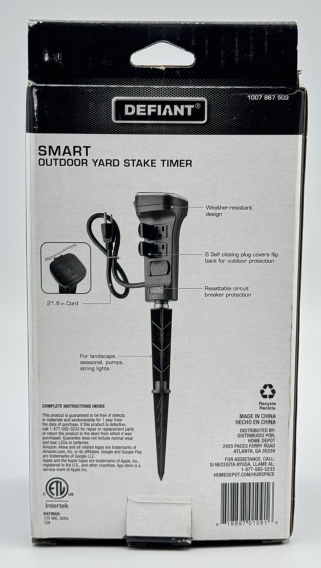 Defiant Smart Outdoor 1.8′ 6-Outlet Power Stake Powered Hubspace, Green