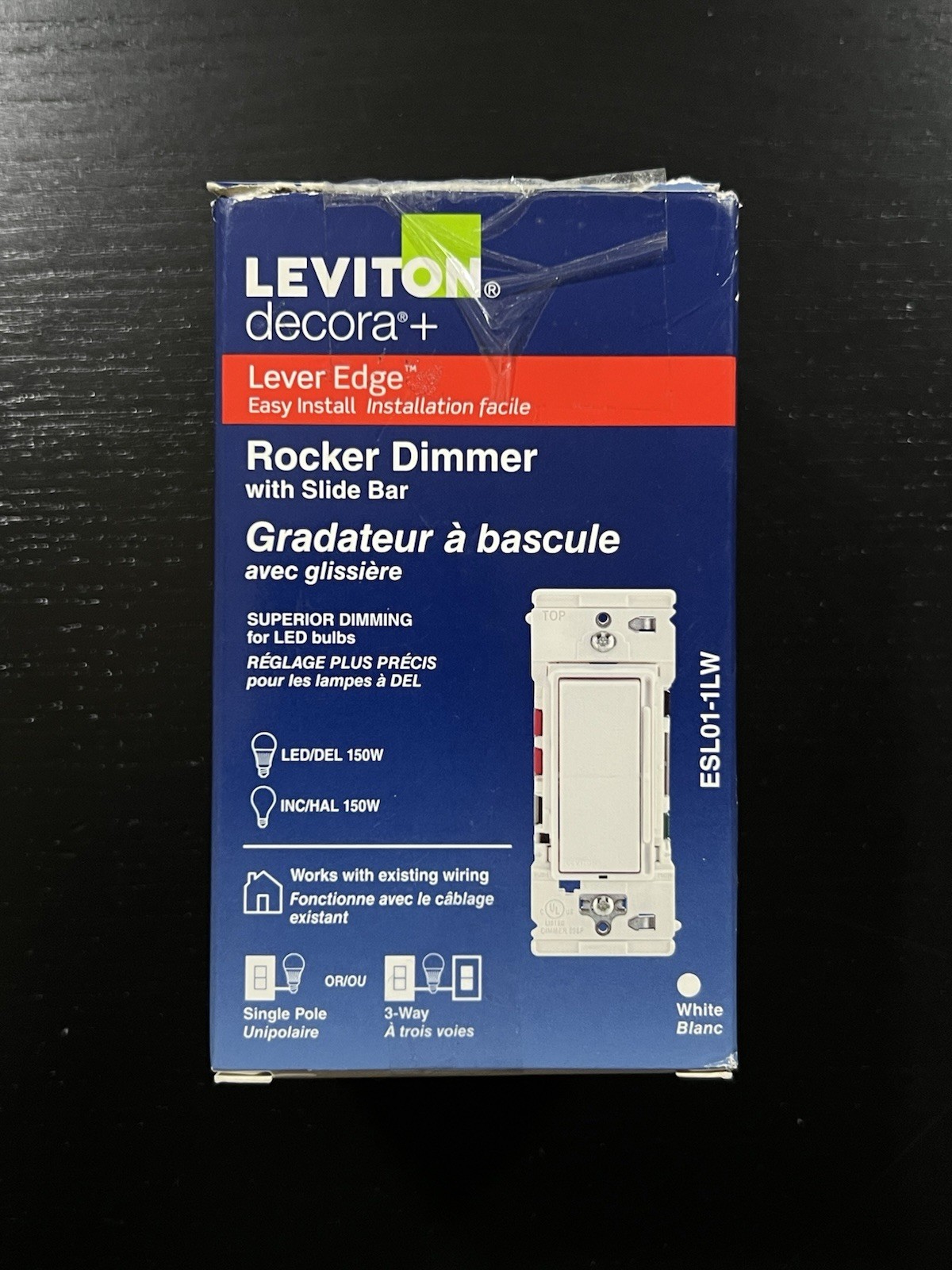Leviton Decora Lever Edge Rocker Slide Dimmer Switch 150w Single Pole or 3-Way