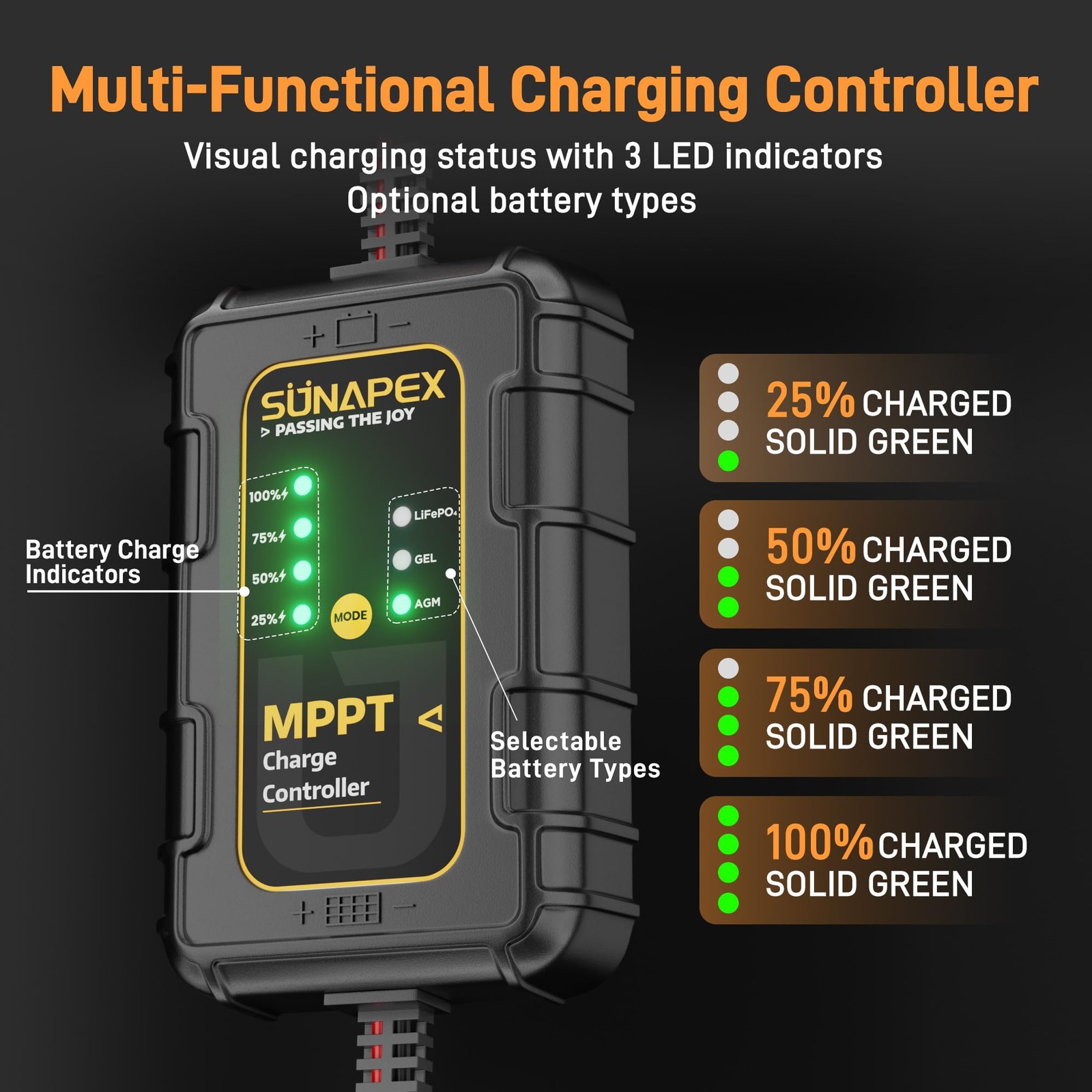 SUNAPEX 50W Flexible Solar Battery Charger Maintaine with MPPT Charge Controller