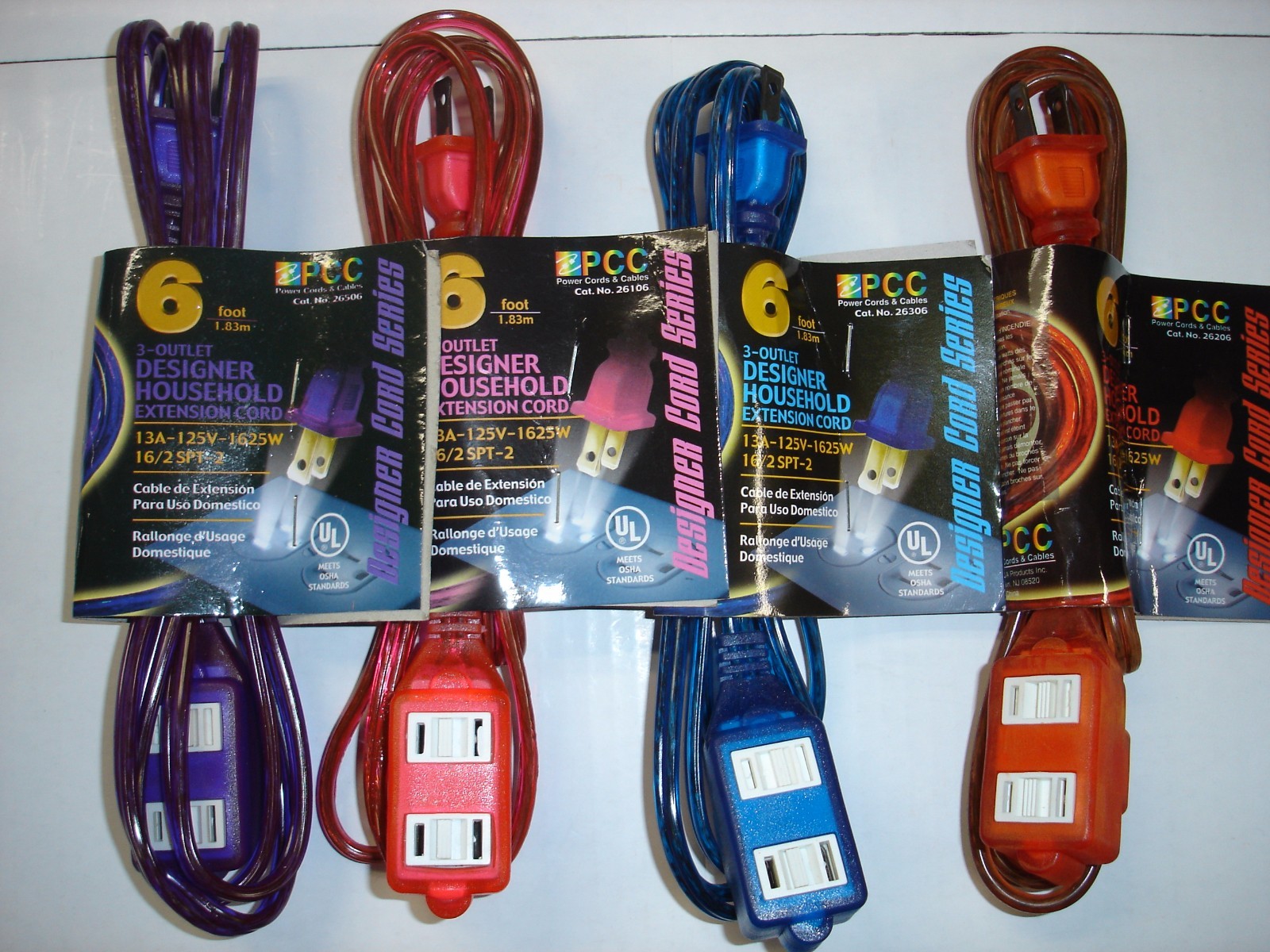 Lot of 4 pcs 6′ Foot 3-Outlet Household Extension Cord Pink Purple Blue Orange