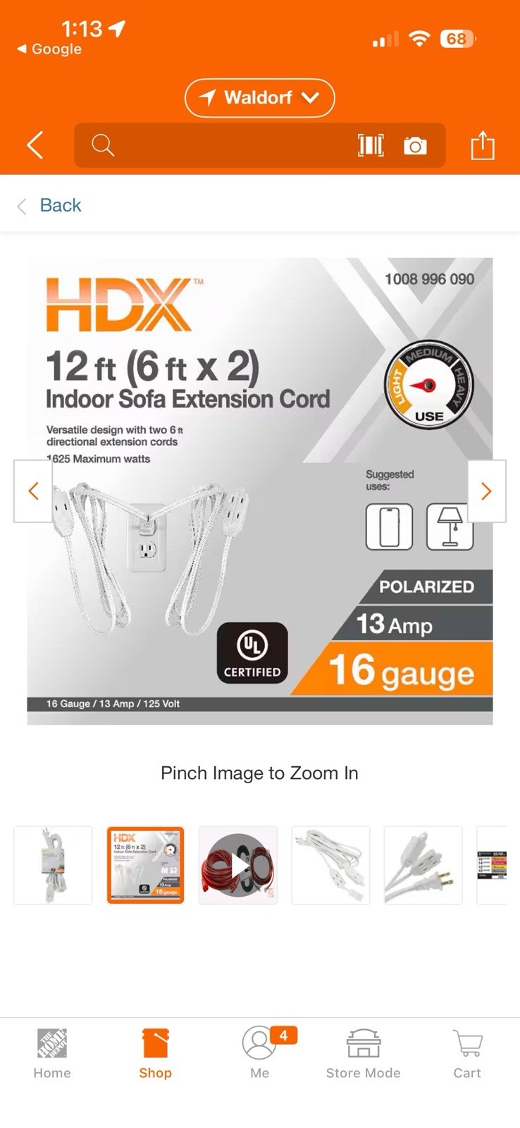 HDX 12ft (6ft x 2) Indoor Sofa Extension Cord White Polarized 13 Amp 16 Gauge