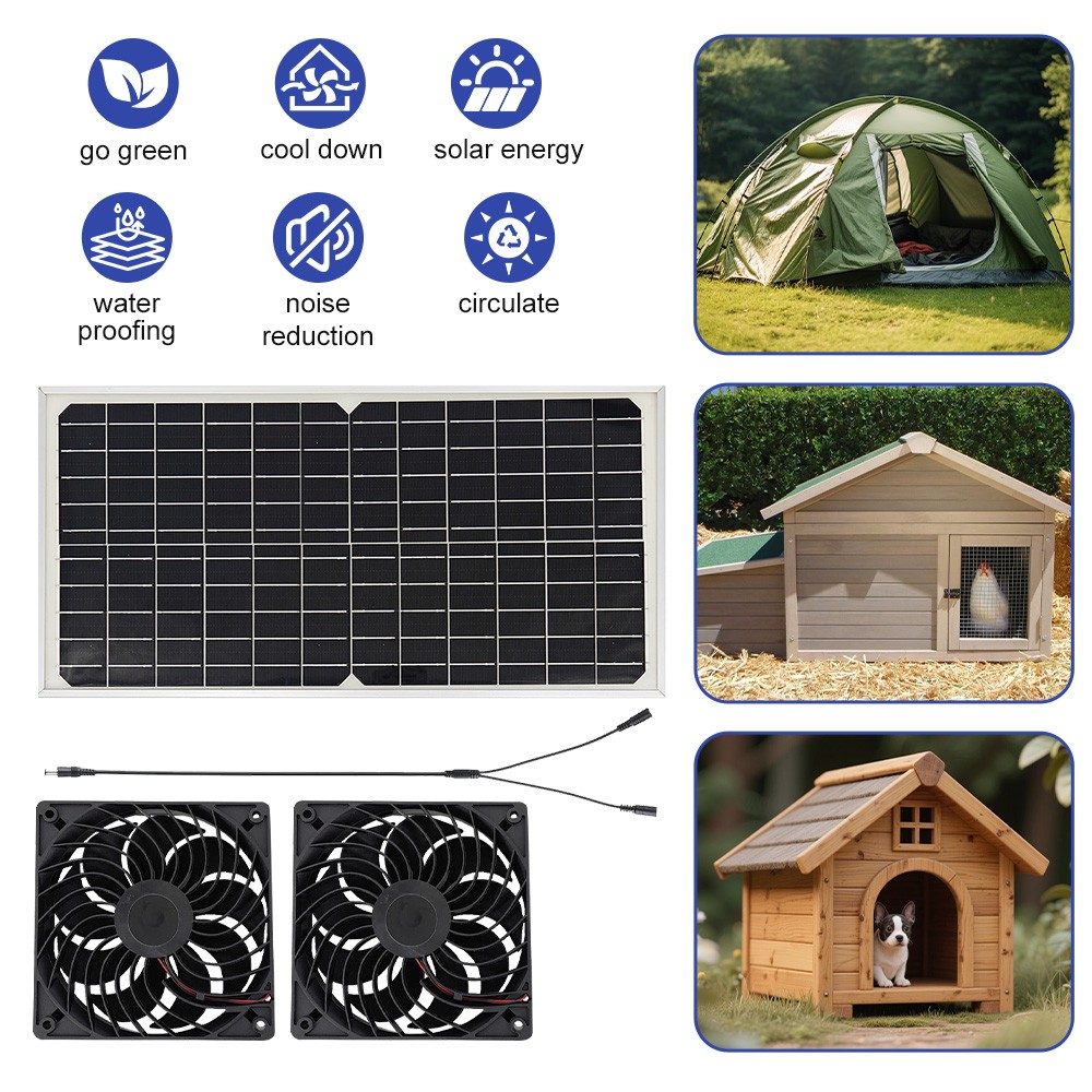Solar Panel Dual Fan Kit 20W Waterproof Pro Outdoor Dog House Chicken Coop Shed