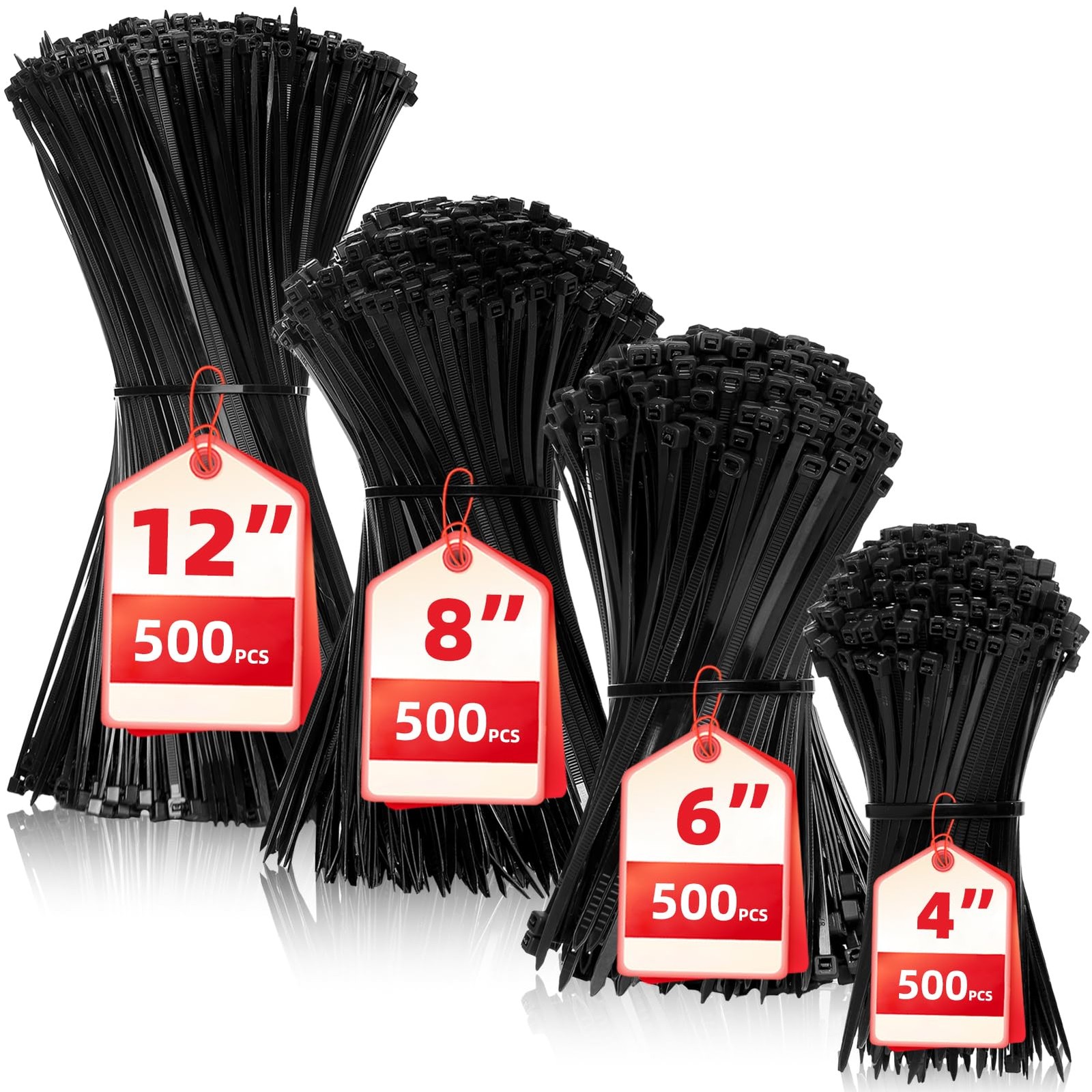 Zip Ties Assorted Sizes(4”+6”+8”+12”), 2000 4+6+8+12-Inch(2000PCS Set), Black