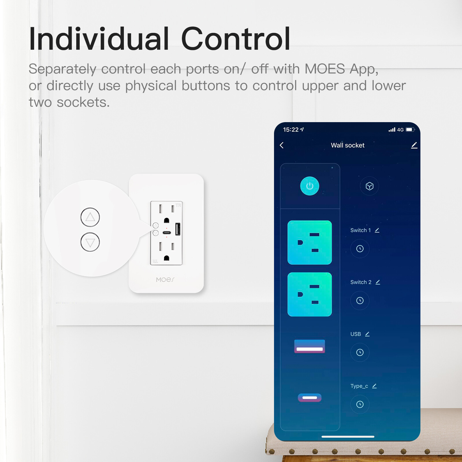 MOES WiFi Smart Wall Outlet Receptacle 15A USB Type C/A Socket Alexa Google APP