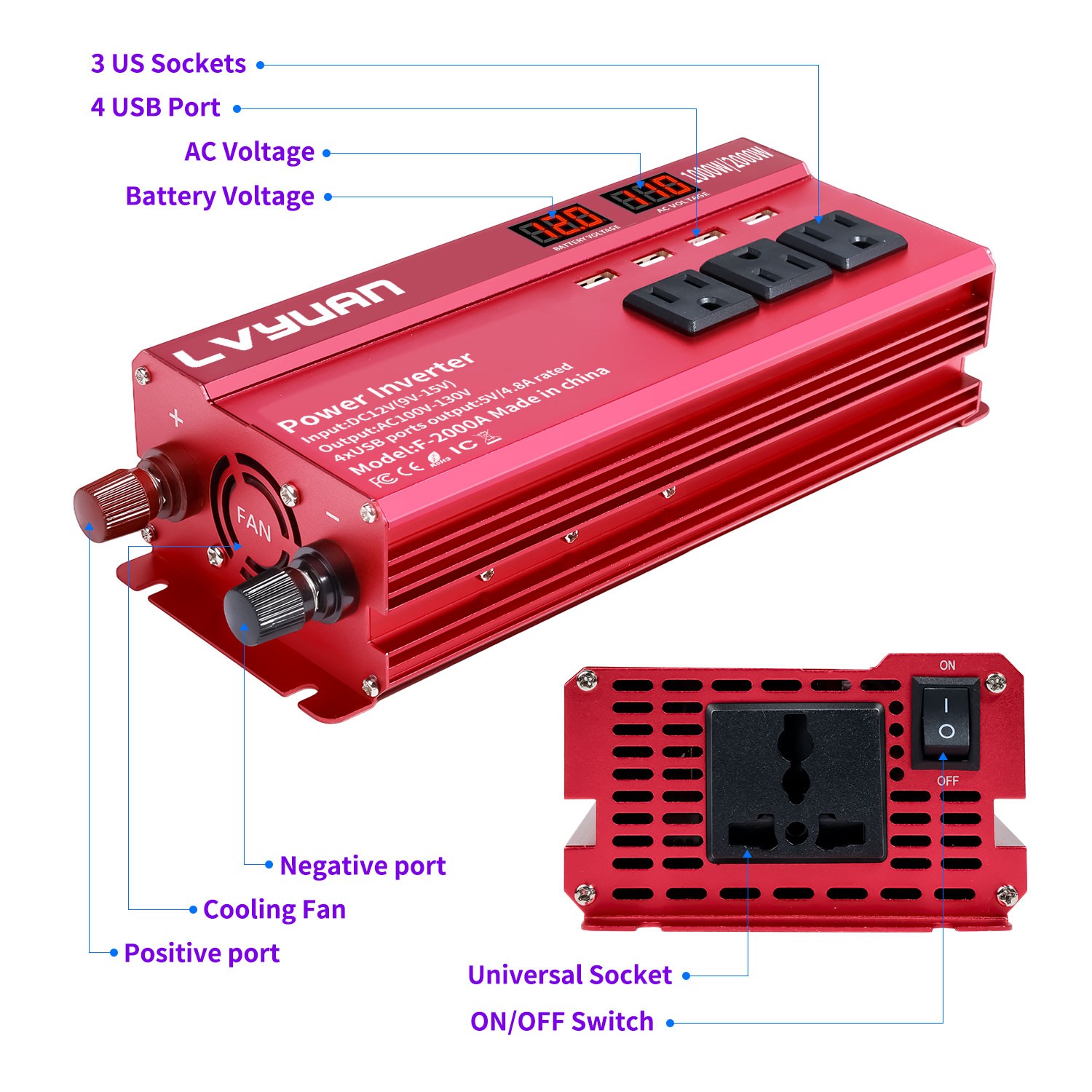 1000W 2000W Peak Car Power Inverter 12V DC to 110V AC Converter with LCD & 4 USB