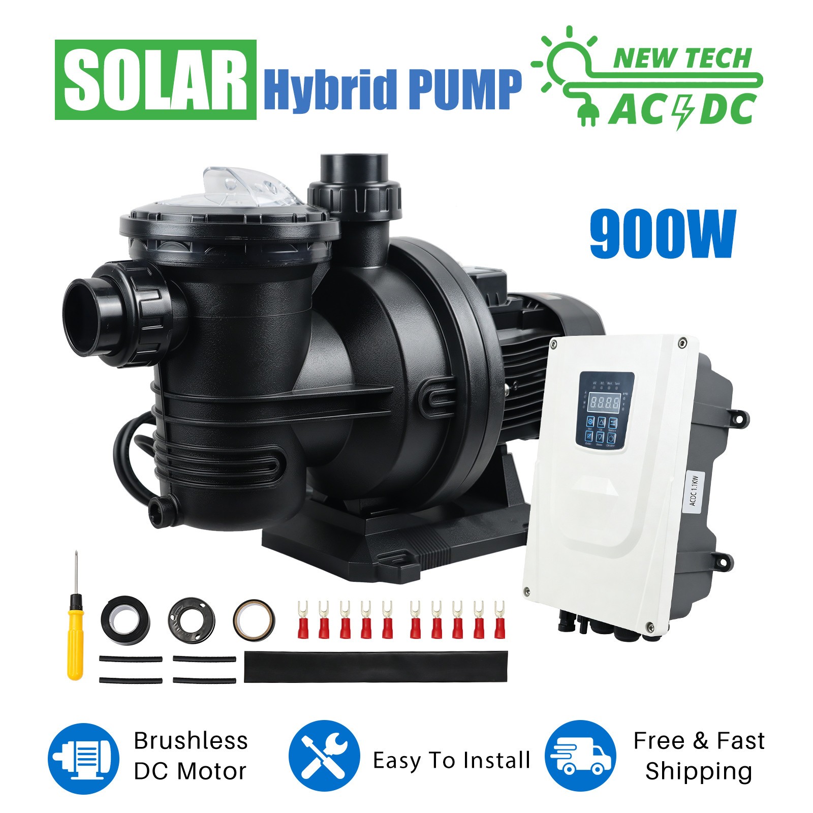 1.2HP Solar Hybrid Swimming Pool Pump Kits with AC/DC Auto-switching Controller