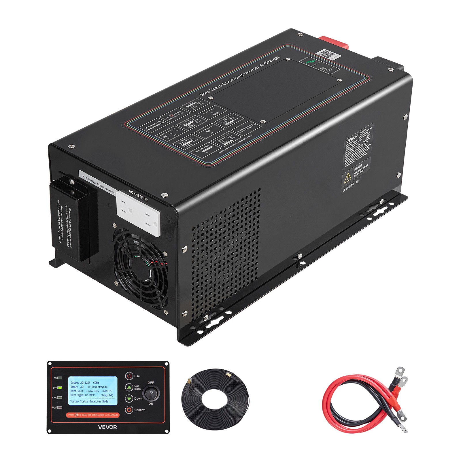 VEVOR Pure Sine Wave Inverter Charger 3000W DC 12V to AC 120V Power Inverter LCD