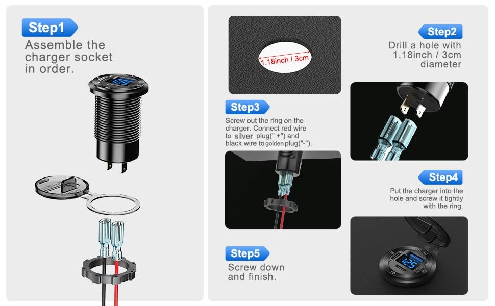 12V USB Car Socket Round C Outlet, 3-Port Marine Fast pack of one