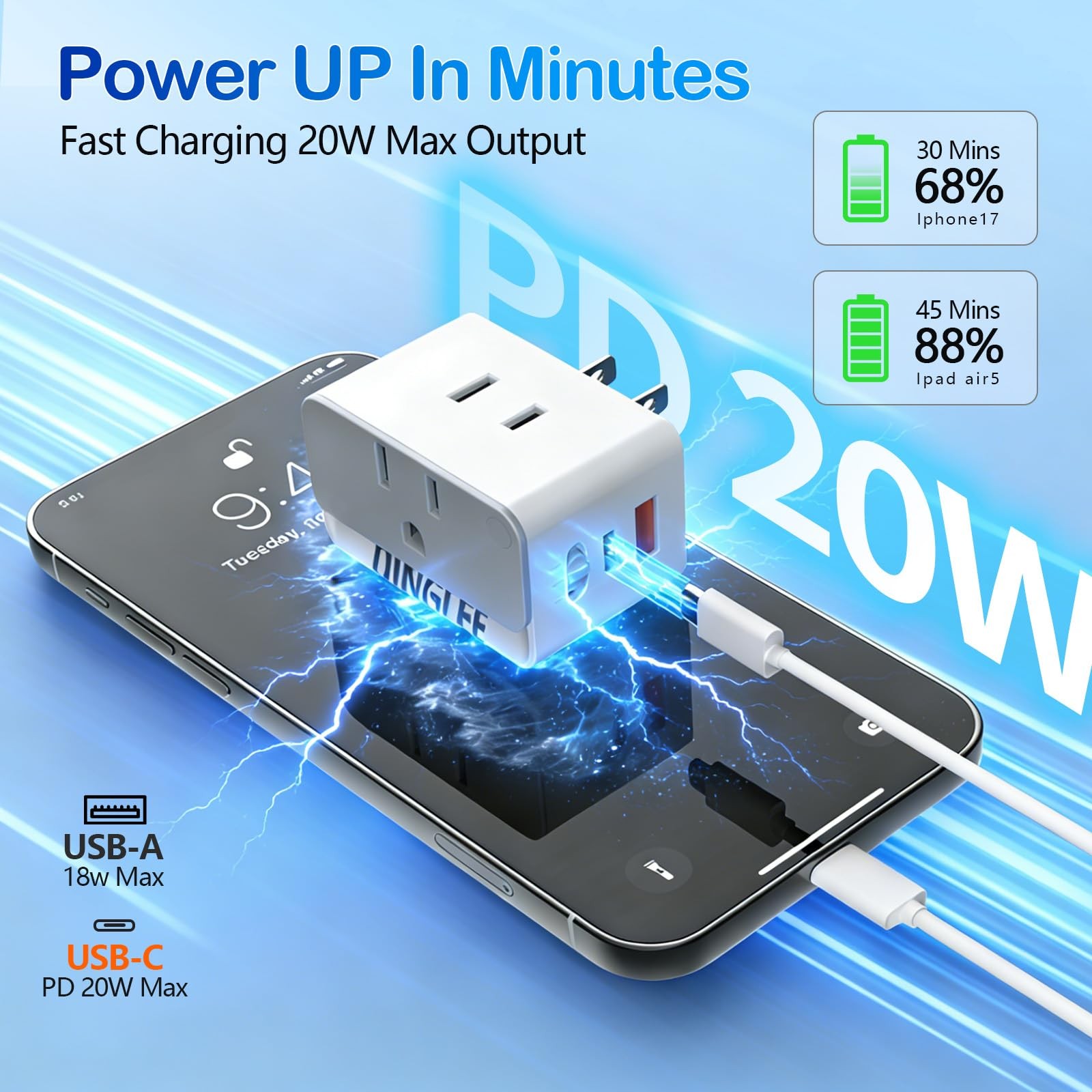 Outlet Extender 2 Pack, 2 AC Multi Plug Wall Outlet with 2 USB Ports (1 PD 20…