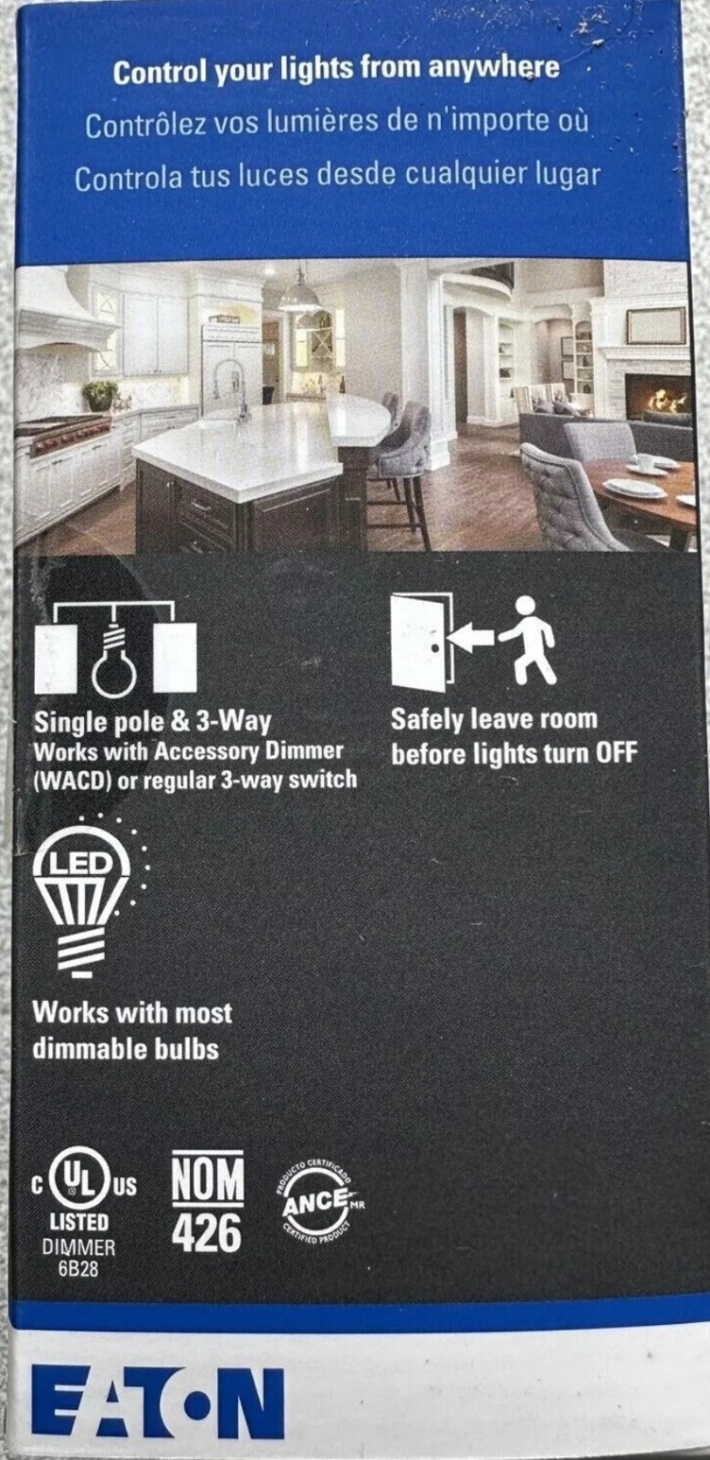 Eaton WFD30-C2 Wi-Fi Smart Dimmer Switch with White/Light Almond/Ivory cover