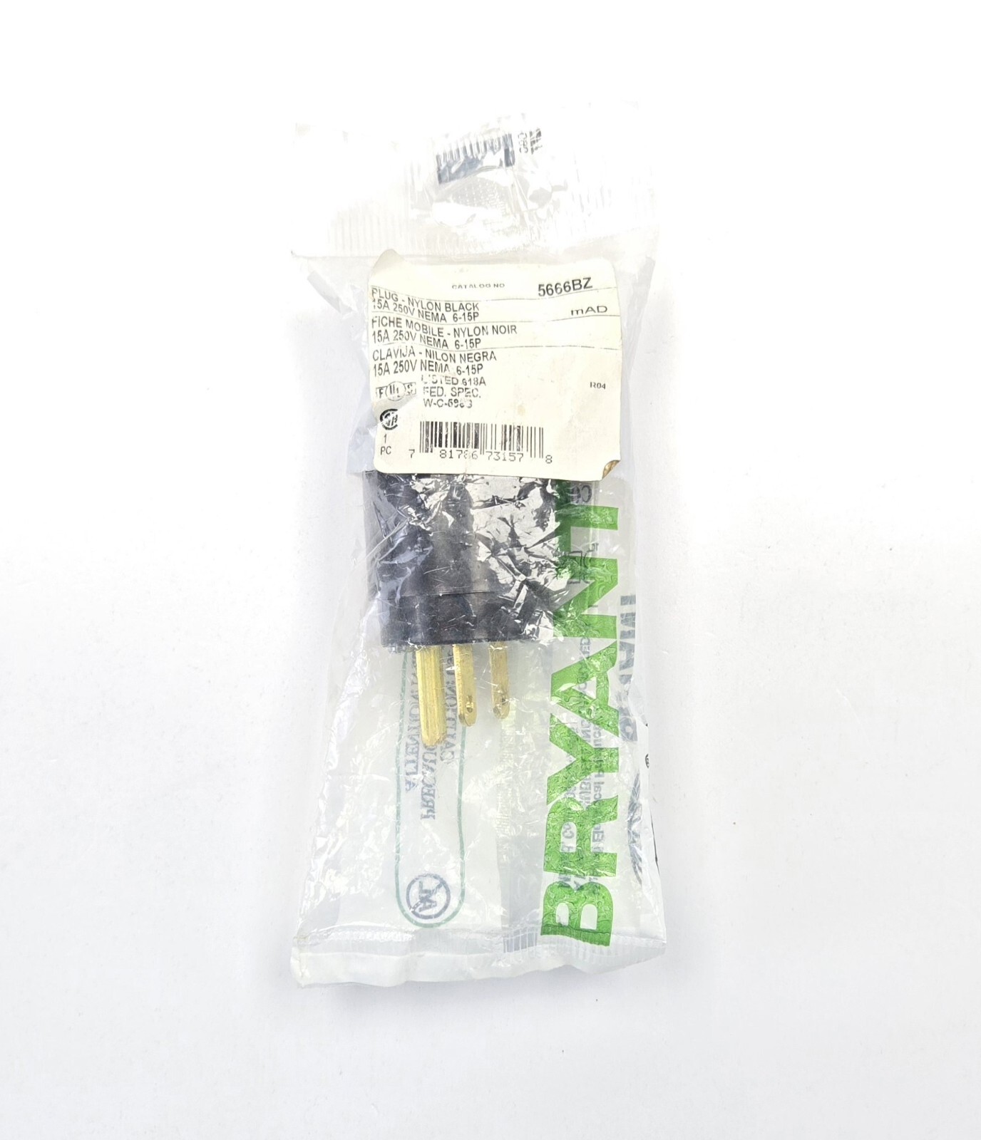 BRYANT 5666BZ 15A 250V Straight Blade Male Connector 6-15P Black
