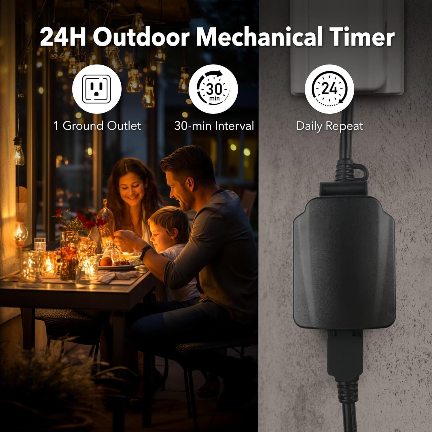 24 Hour Mechanical Outdoor Light Timer with 3-Prong Timer Outlet Weatherproof