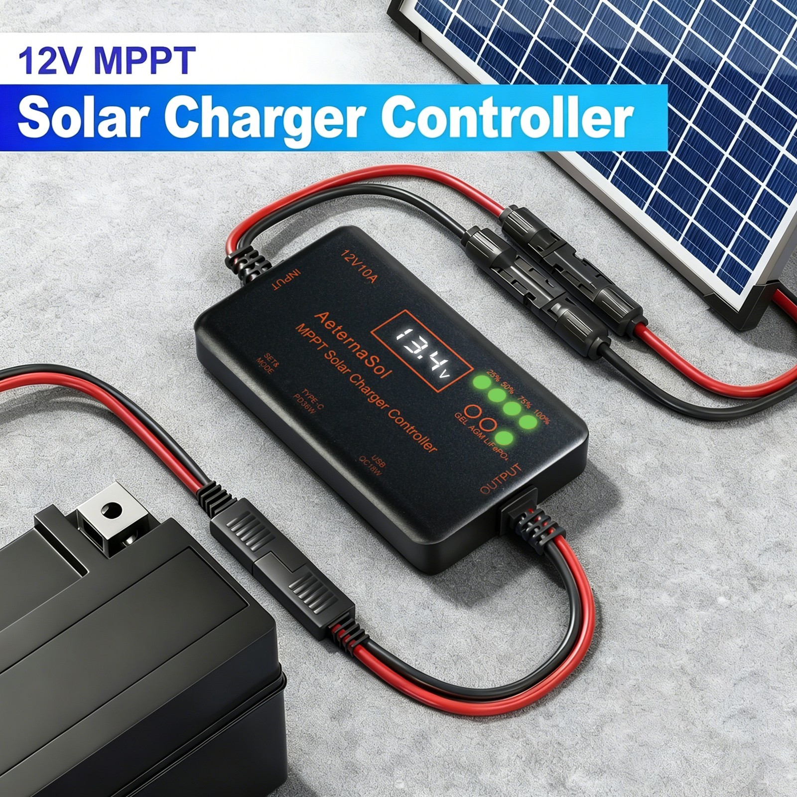10A 12V MPPT MINI Solar Charge Controller with LCD for LiFePO4,AGM,Gel Battery