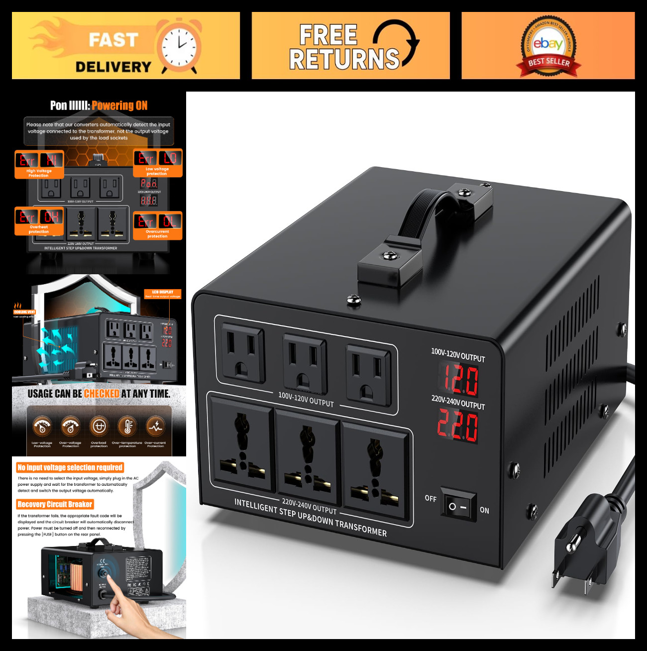 2000W Voltage Converter Transformer 110V/120V to 220V/240V, Step Up/Down, LCD Di