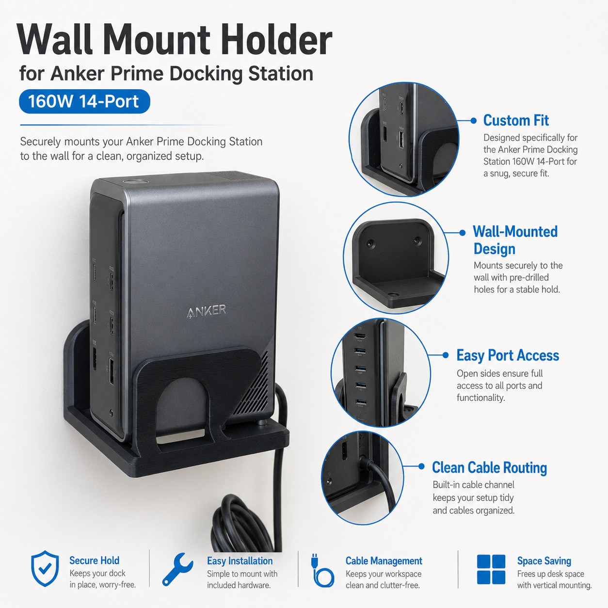 Wall Mount Holder for Anker Prime Docking Station 160w 14-port