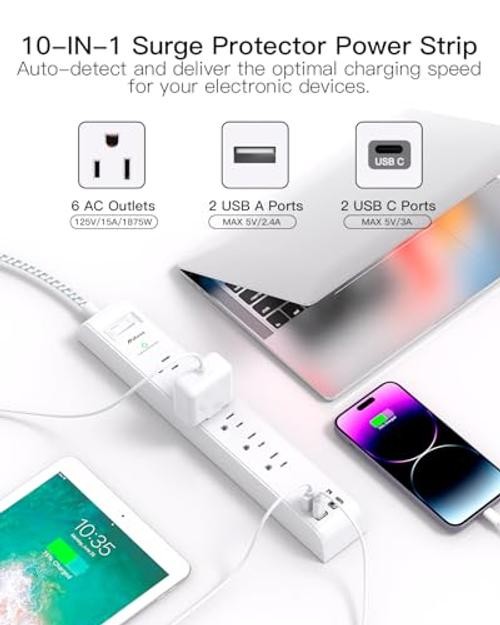 Surge Protector Power Strip 10 ft with 4 USB Ports 2 USB-C 6 AC 10FT White&Grey
