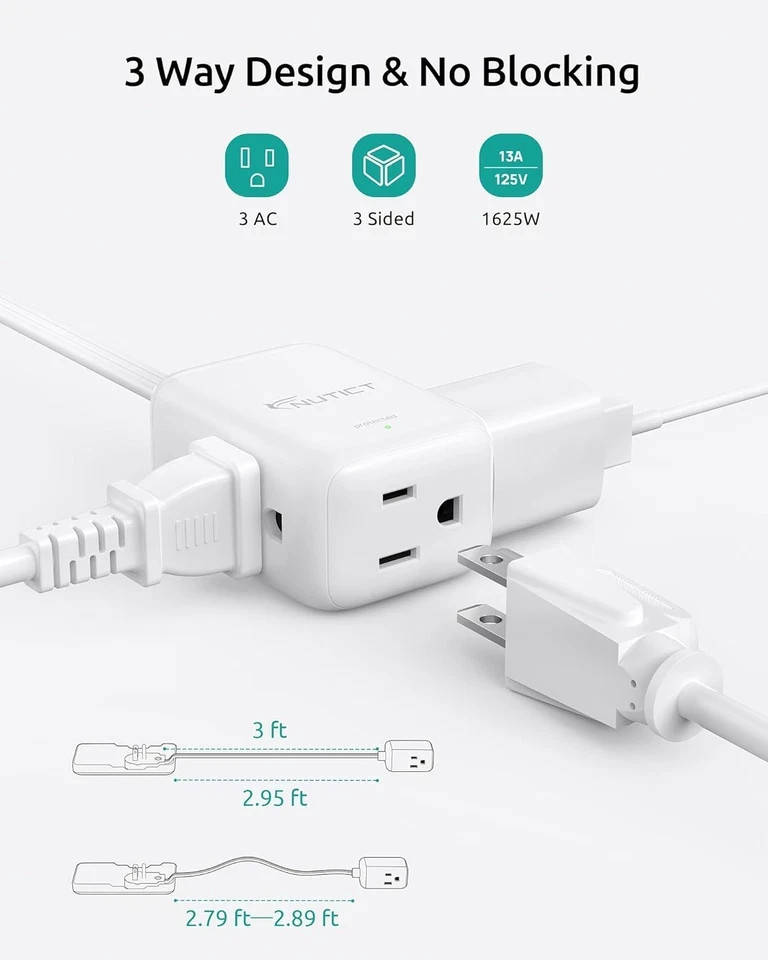 3Ft Flat Extension Cord with 3 Outlets, Flat Wall Plug & Flush Outlet Cover, 900