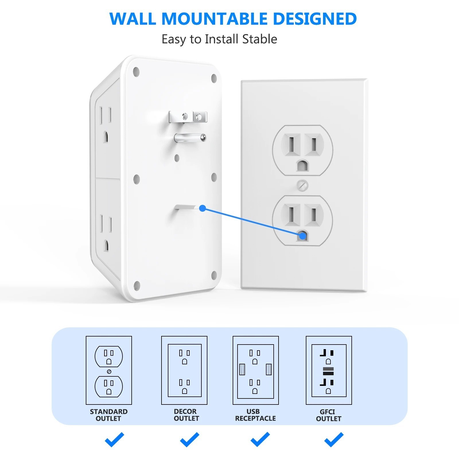 US Multi Socket Wall Socket with 6 AC Outlets 4 USB Port(2 Type C), Universal Pl