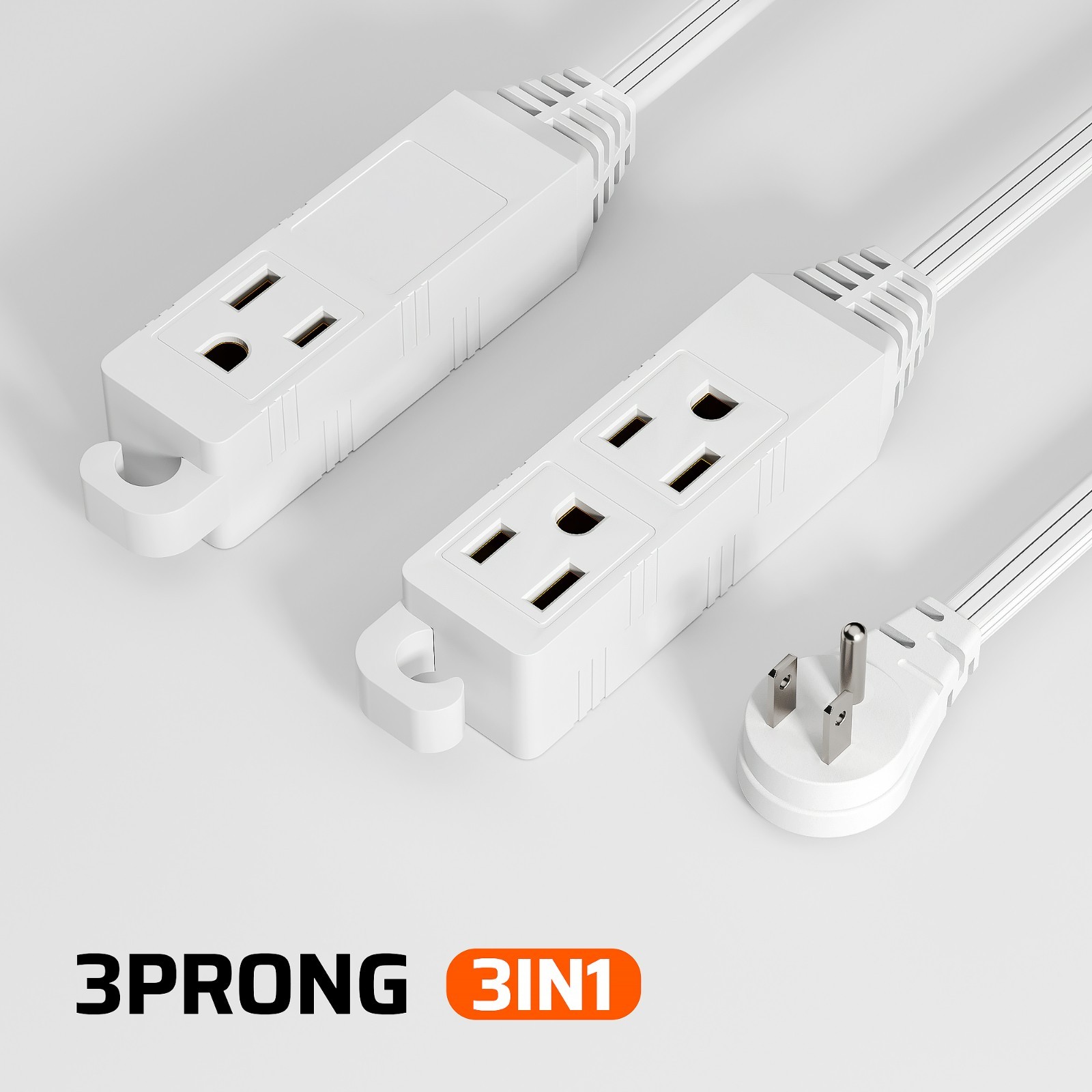DEWENWILS 2 Pack 3 ft Extension Cord with Flat Plug 3 Grounded Outlets 16/3 Awg