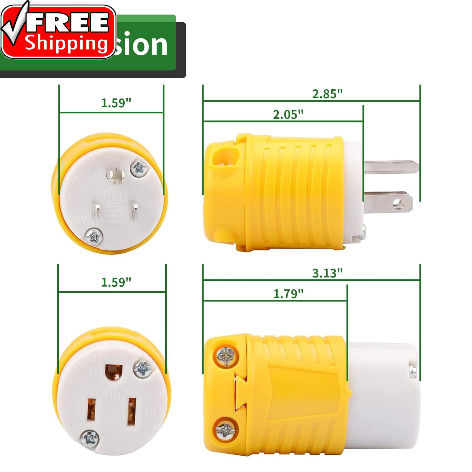 Extension Cord Ends Male and Female Plug, 15 Amp 125 Volt Heavy Duty Replacement