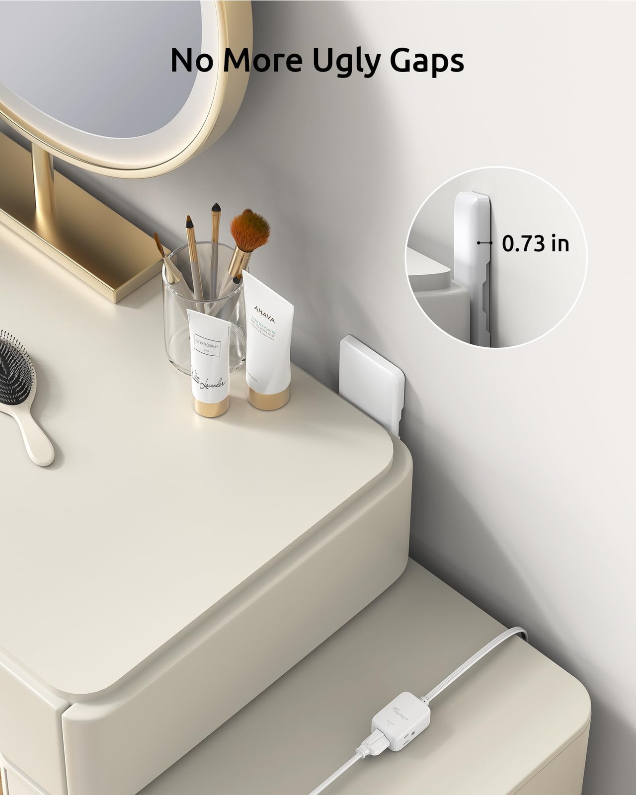 3Ft Flat Extension Cord with 3 Outlets, Flat Wall Plug & Flush Outlet Cover, 900