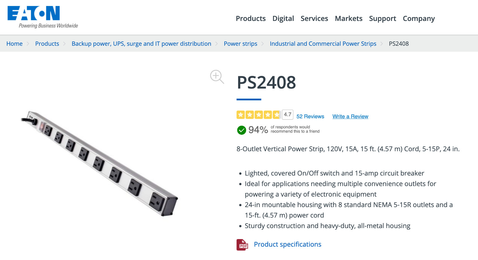 Tripp-Lite PS2408 8-Outlet Vertical Strip, 24″, 120V, 15A, 15′ Cord, 5-15P
