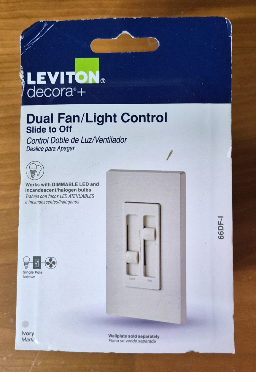 Leviton 66DF-I Decora SureSlide Ivory Polycarbonate Fan/LED Dimmer Slide Switch