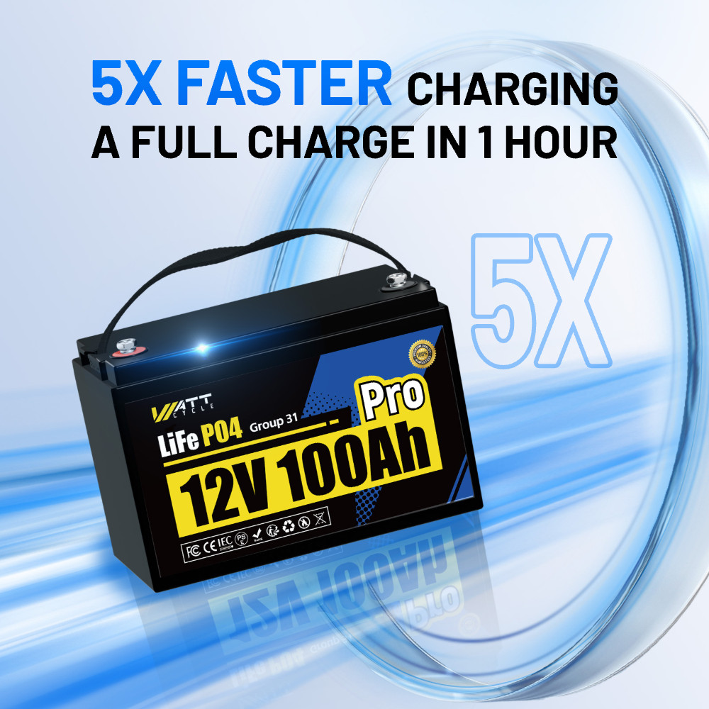 Wattcycle 12V 100Ah LiFePO4 Battery 110A BMS + 12V Charger for Solar Off-Grid