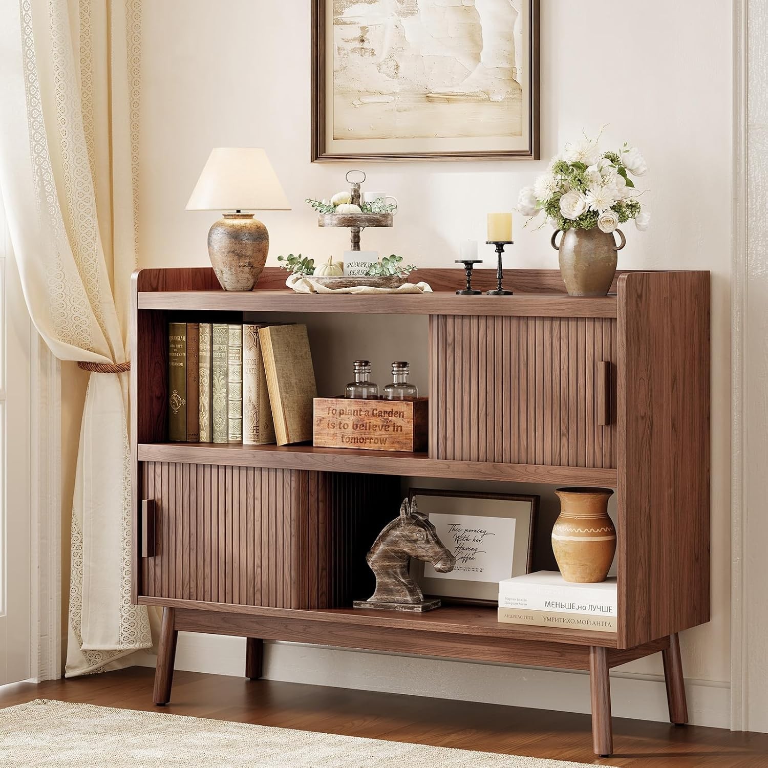 44″ Sideboard Buffet Cabinet with Outlet & 2 Open Storage Spaces, Fluted…