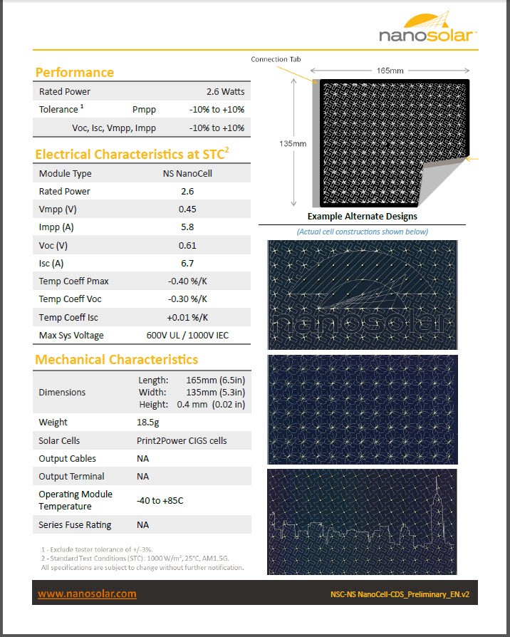 Nanosolar 2.6W Flexible CIGS Solar Cell – Lot of 10 NanoCells for a Total of 26W