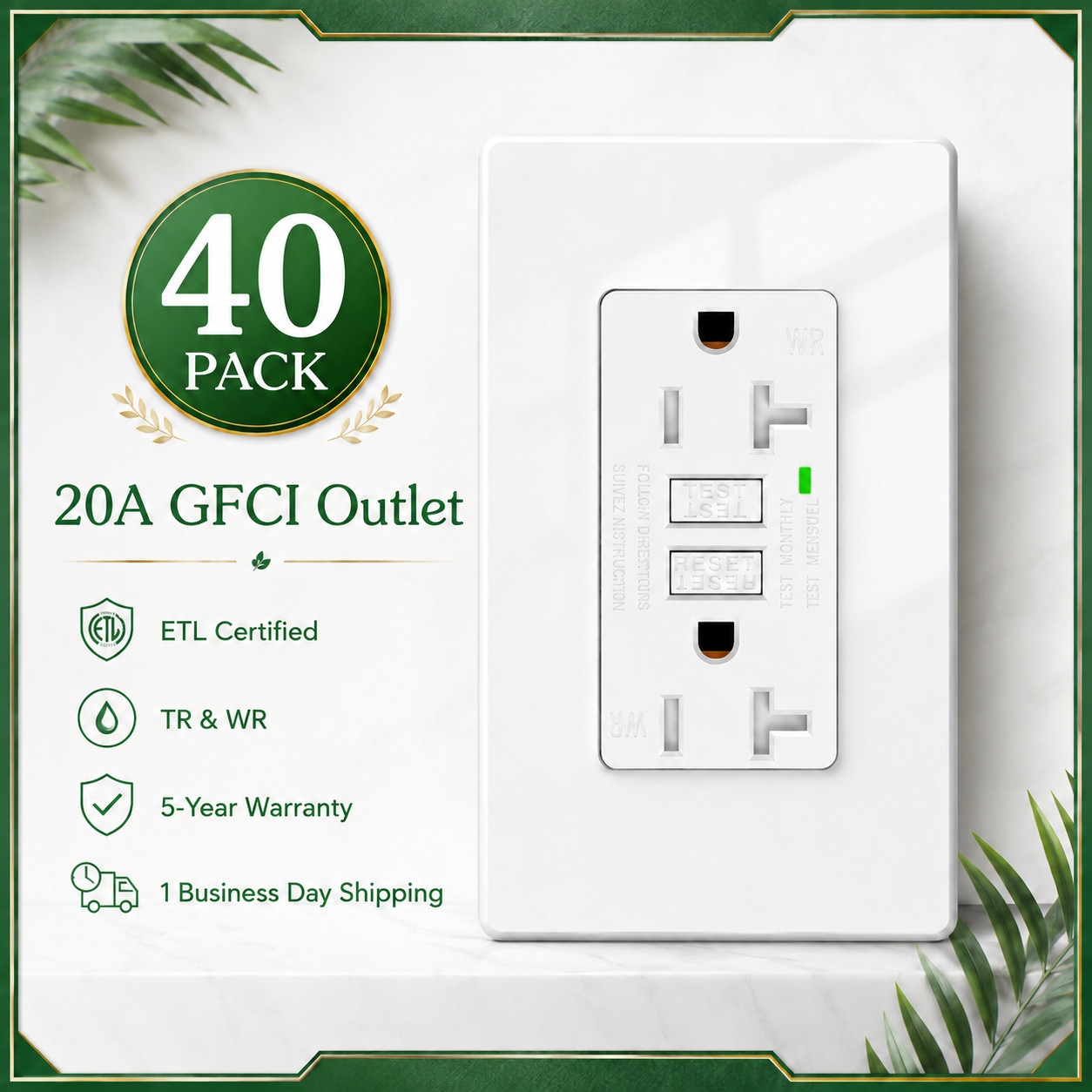 20 Amp GFCI Outlet LED Indicator TR WR Ground Fault Circuit Interrupter 40 Packs