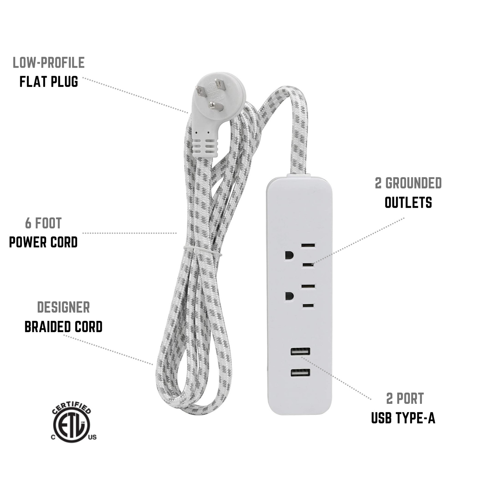CP 6ft 16/3 SPT-2, 2-Outlet, 2 USB Charger Fabric Extension Cord, Gray, CP10055