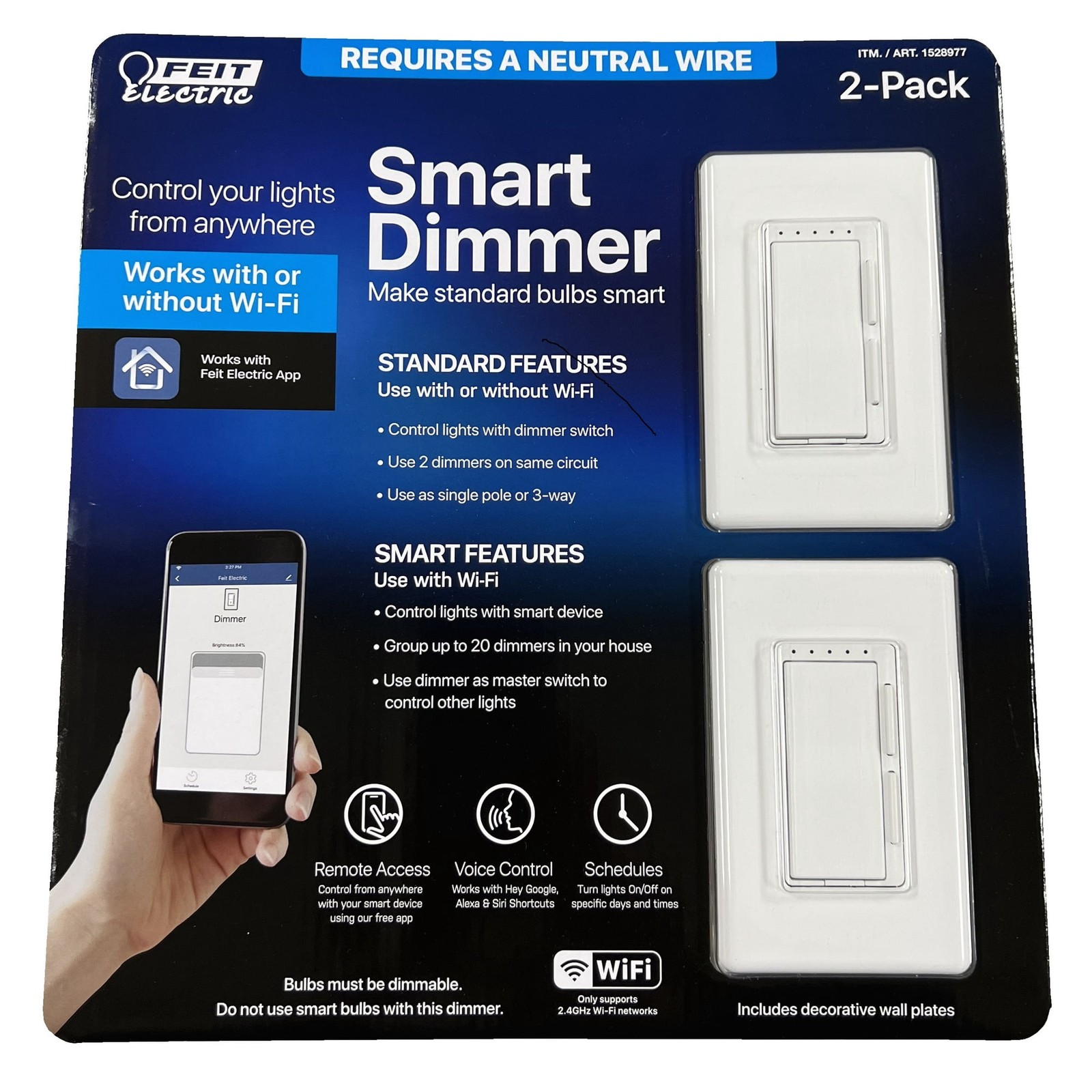 Feit Electric Smart Dimmer Switch 2-Pack 1528977 Single Pole or 3-Way w/Plate