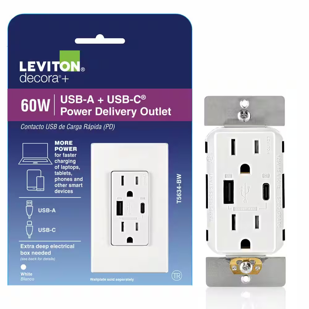 Decora 15 Amp Tamper Resistant Duplex Outlet with 60W USB-A + USB-C Power Delive
