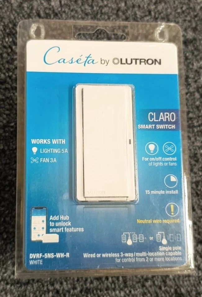 Lutron Caseta Claro Smart Switch for Lights & Fans – White DVRF-5NS-WH-R – New