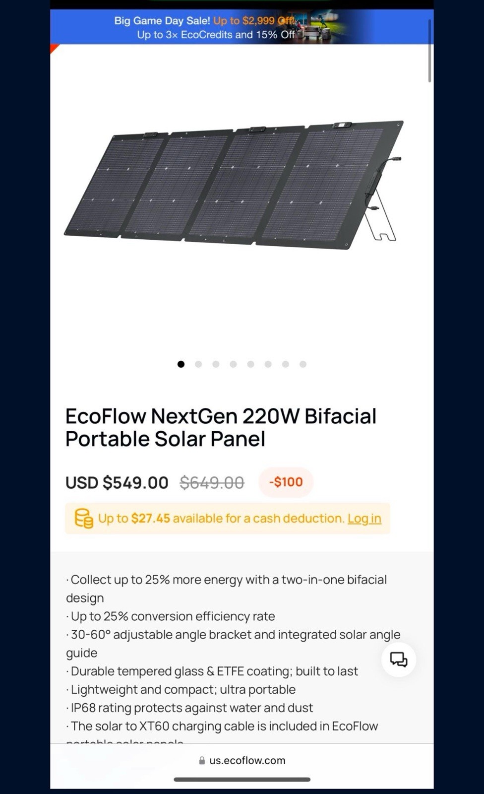 EcoFlow NextGen 220W Bifacial IP68 Portable Solar Panel