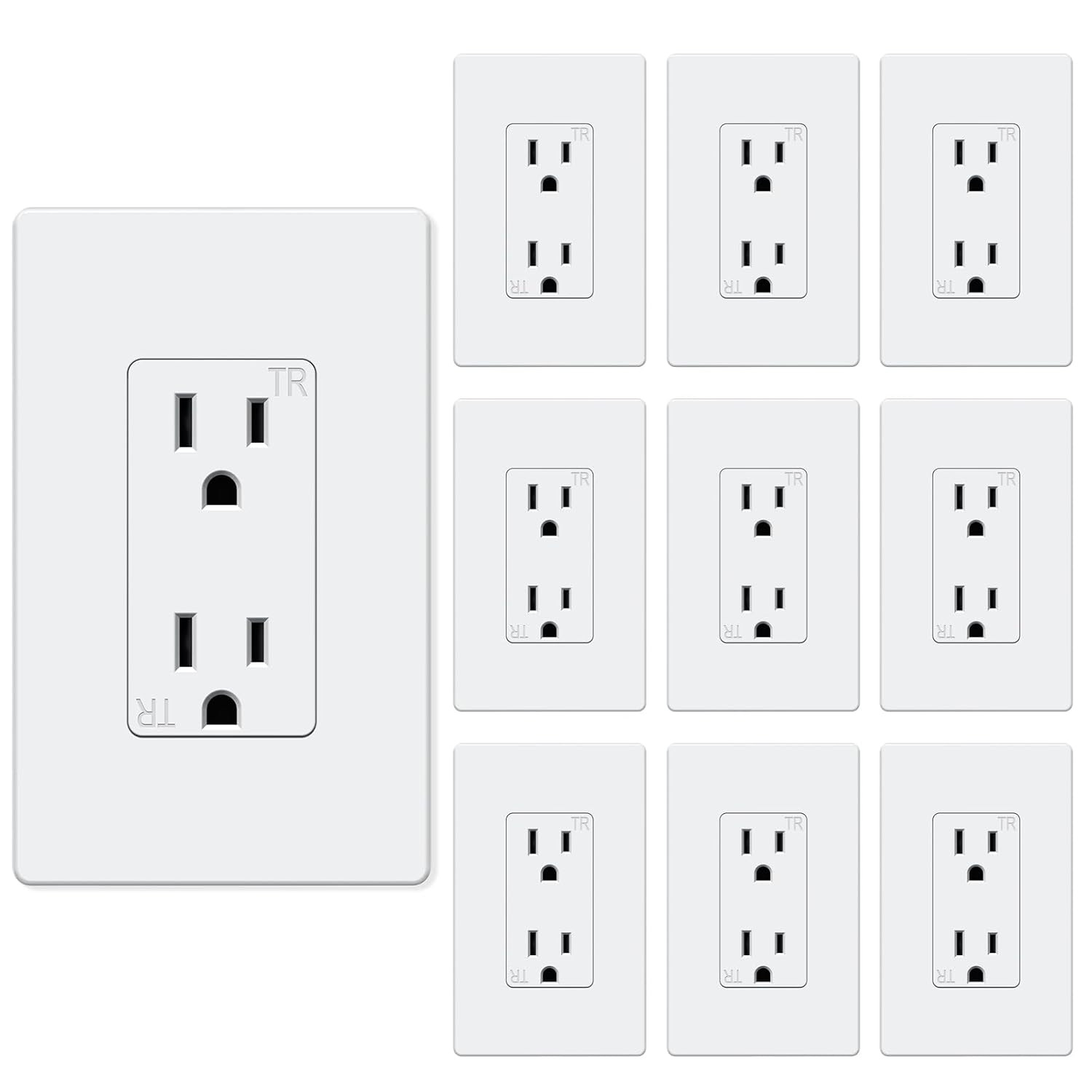 10Pack Duplex Receptacle Wall Outlet 15A Tamper Resistant Glossy White Screwless
