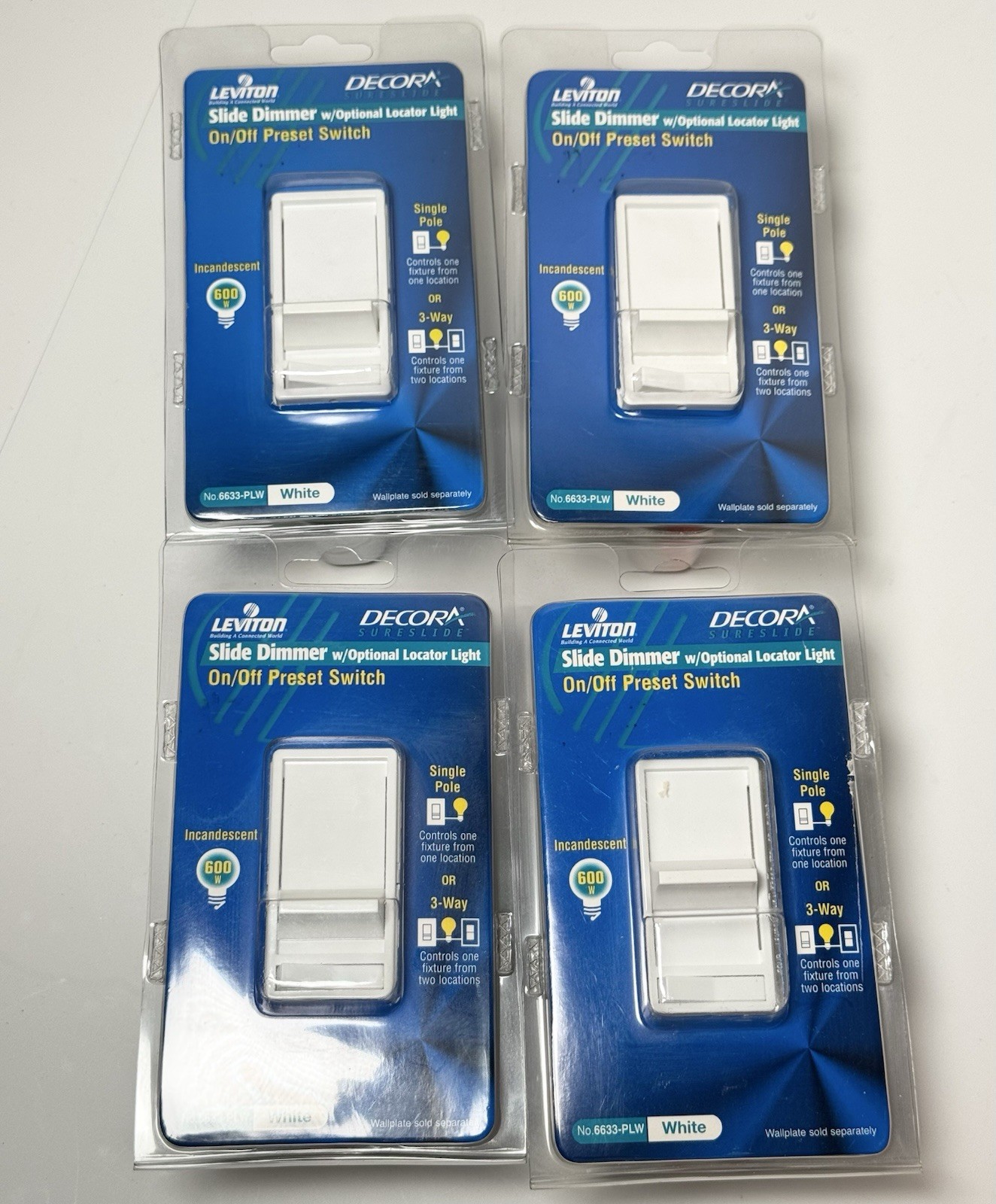 (4) Leviton Single-Pole/3-Way Wall Switch Slide Dimmer 6633-PLW White Decora