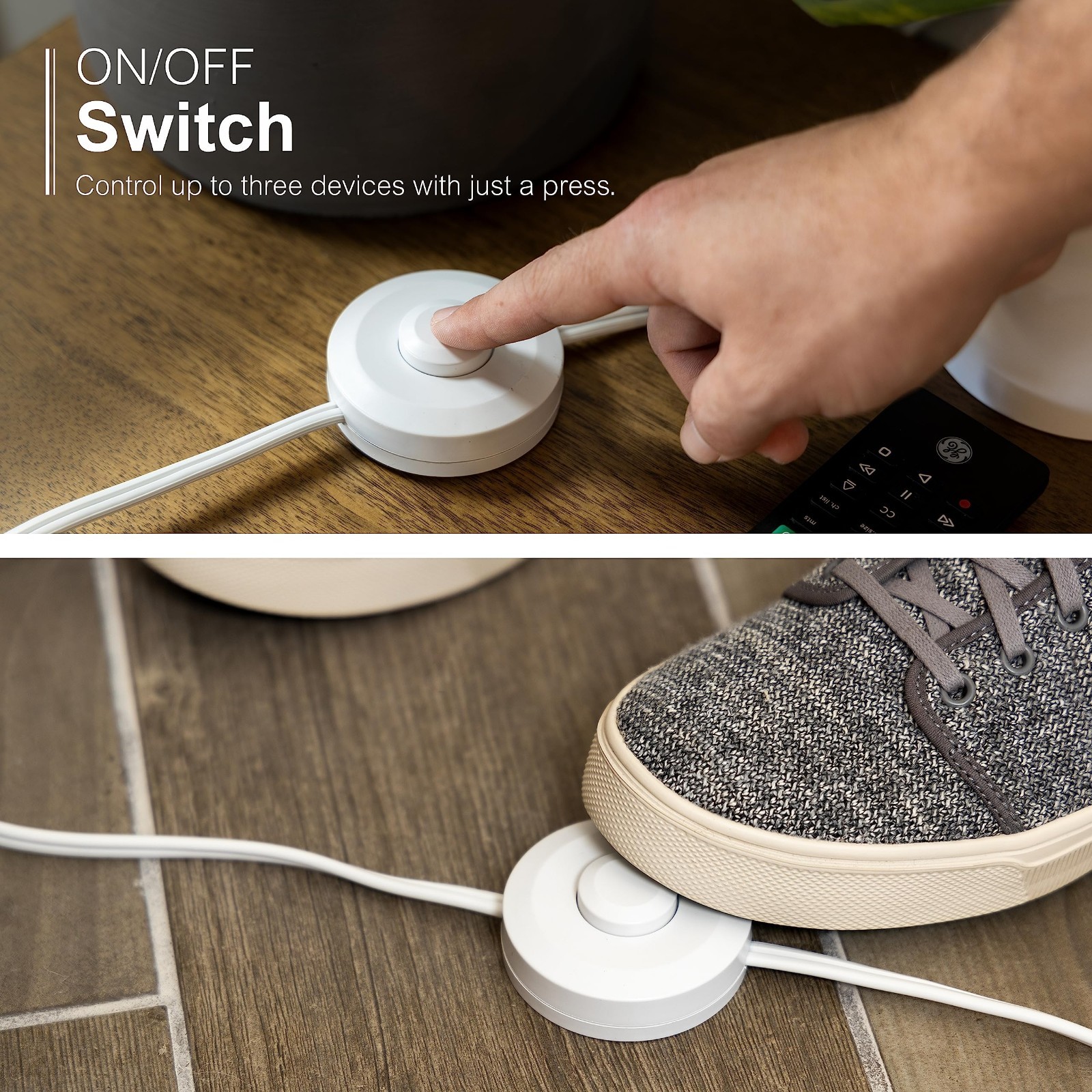 9ft Extension Cord with Footswitch, 3 Outlets, On/Off Switch, UL Listed, White –