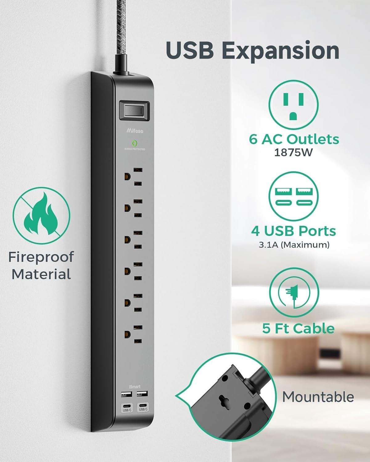 5 Ft Braided Extension Cord Surge Protector, 6 Outlets + 4 USB Ports, 900 Joules