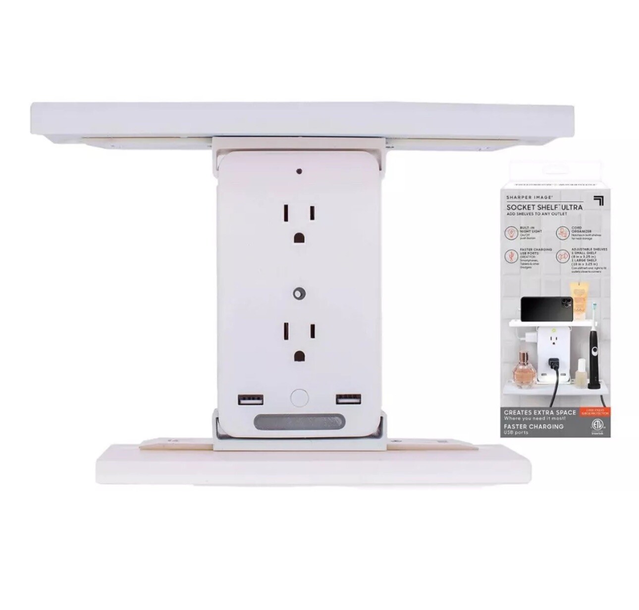 NEW Sharper Image Socket Shelf Ultra 8 Port Surge Protector, Light, 2 Shelves