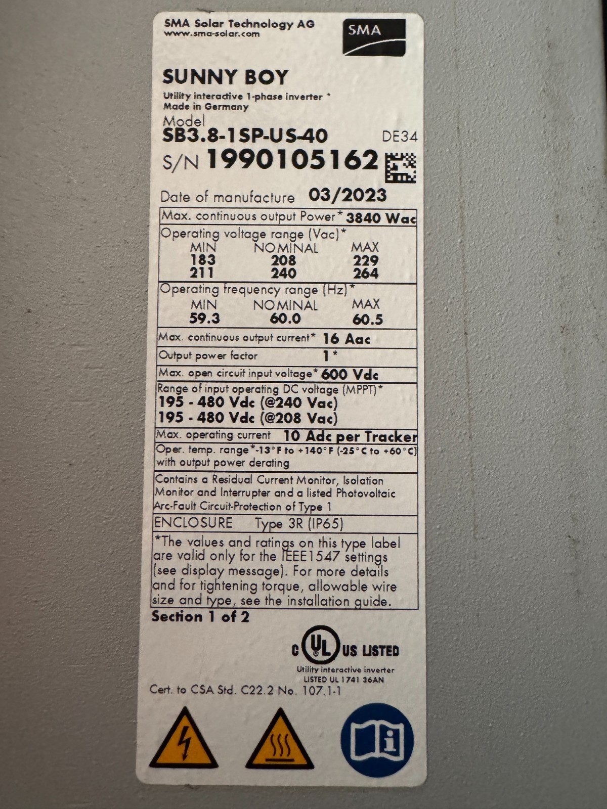 New SMA Sunny Boy SB3.8-1 SP-US-40 3800W Grid Tie Solar Inverter