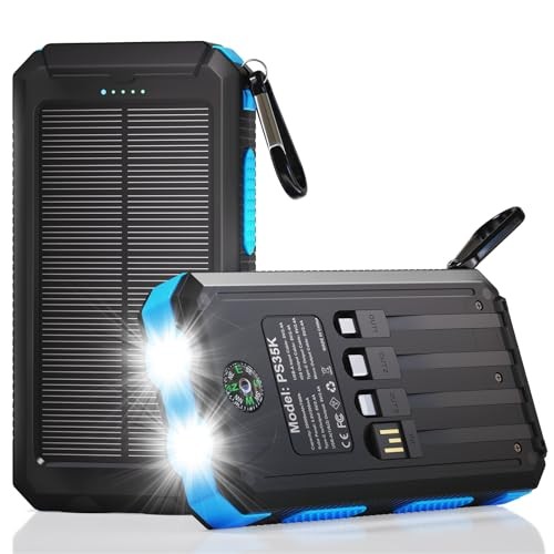 Solar Charger Power Bank 20,000mAh, Portable Charger, 4 Cables 3 Ports Blue