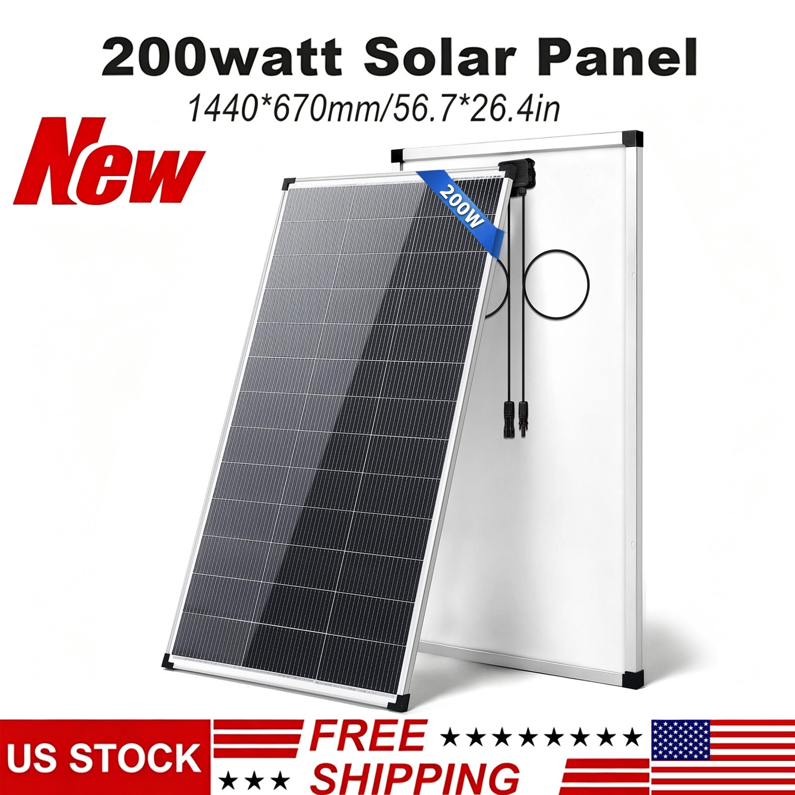 200W Solar Panel N-Type Mono PV Home Roof RV Boat Off-Grid 56.7*26.4in-Silver