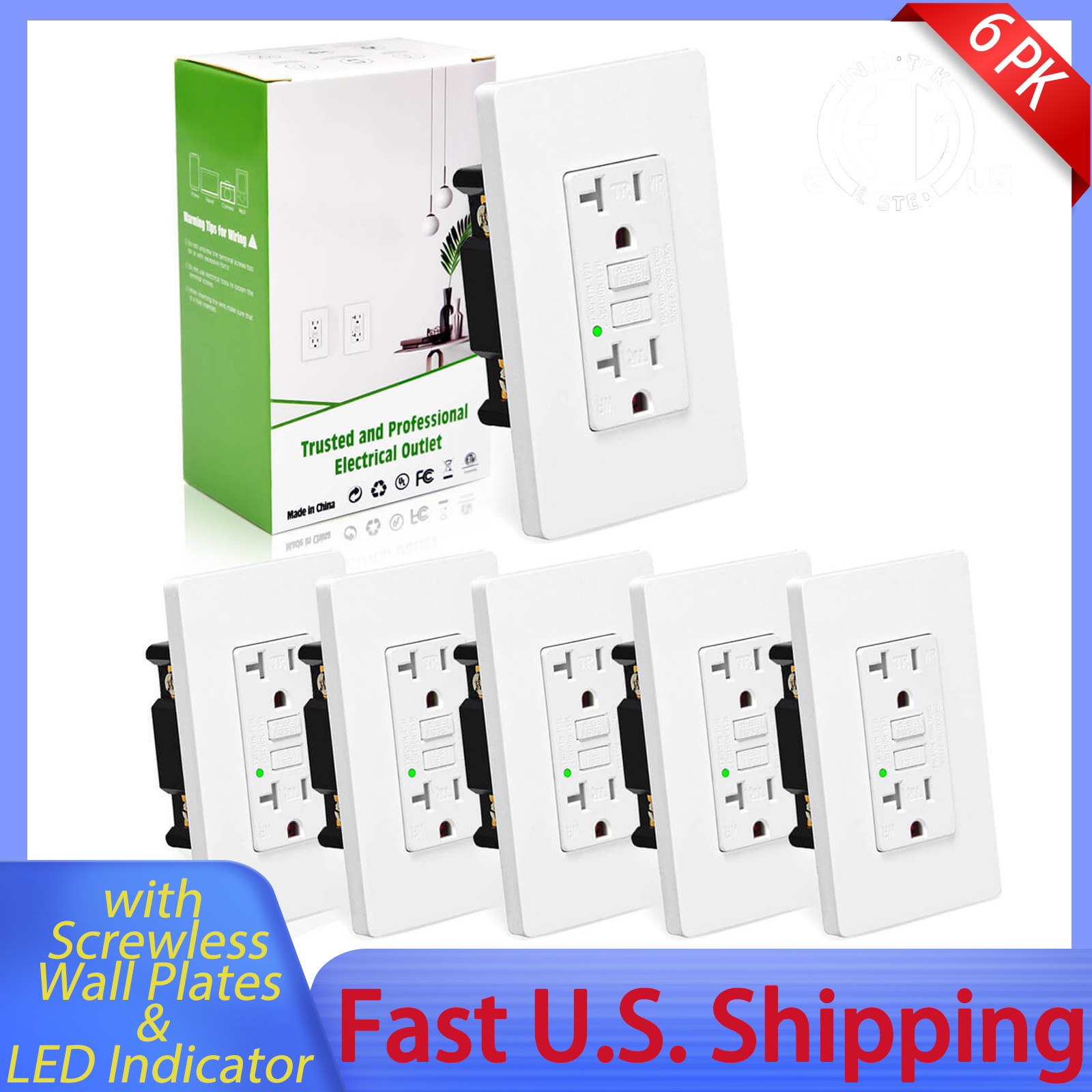 6PK 20A Electrical GFCI Hospital Grade,Heavy Duty Outdoor Gfi Electrical Outlet